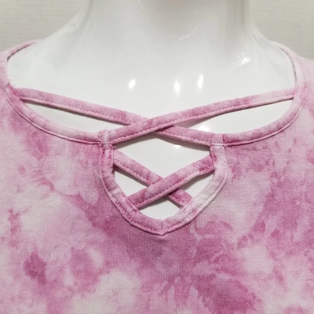 Justice top 12 tie dye long sleeve criss cross keyhole neckline stretch